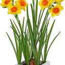 Yellow Daffodils Artificial Flowers In Wood Planter Pot, Small Fake Potted Daffodils Plants Spring Floral Arrangements, Silk Daffodil Faux Spring Flowers for Living Room, Entryway, Bathroom Decor