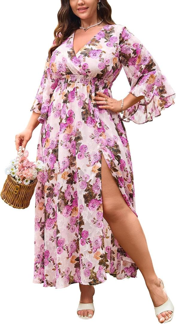 EYWOL Wedding Guest Dress Plus Size Ruffle Bell Sleeve V Neck A Line Flowy Empire Waist Maxi Dresses with Slit (Pink, XL)