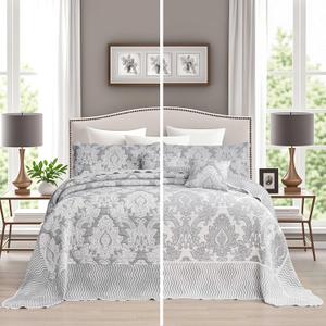 chiinvent Oversized King Bedspreads 128x120 Extra Wide Coverlet Sets, 5 Piece Double-Sided Damask Jacquard Large Quilts, Lightweight and Reversible, Widen Cal King, Light Gray