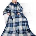 PAVILIA Sherpa Fleece Blanket with Sleeves Women Men Adult, Wearable Blanket Warm Soft Plush Thick, Snuggle Pocket Sleeved TV Throw Wrap, Cozy Ideas Mom Wife, Plaid Blue