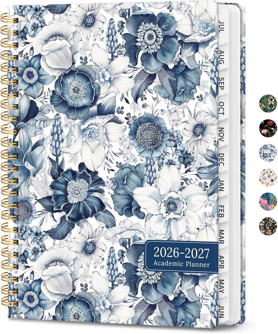 2 x Academic Planner 2026-2027, Monthly and Weekly Calendar Planner, July 2026 - June 2027, Pretty Hardcover Teacher Student Planning Agenda Book with Tabs, Fit for School Office Supplies, 6.3" x 8.5", Blue Floral
