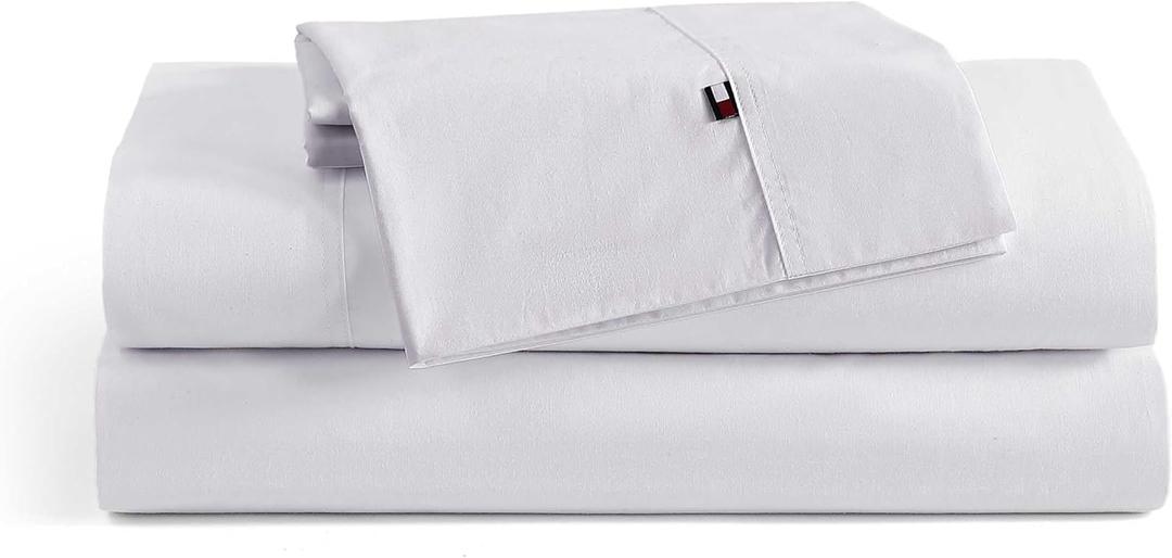 Tommy Hilfiger - Sheet Set, Cotton Percale Bedding with Matching Pillowcases, Crisp & Cool, Solid Home Essentials (White, King)