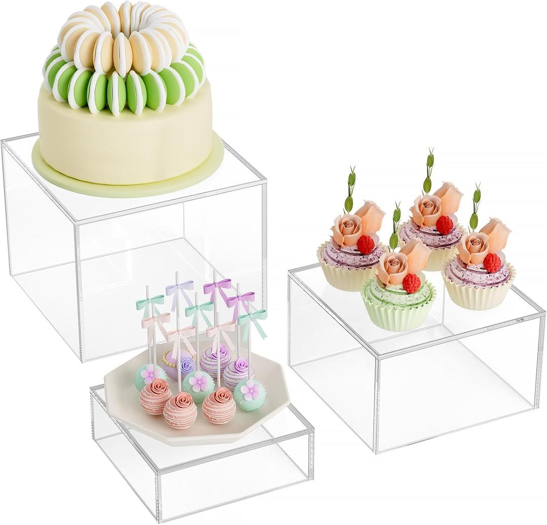MaxGear 3 Pcs Acrylic Buffet Risers, Food Display Stand for Buffet Table, Dessert Cube Boxes with Hollow Bottoms for Party Food Display, Catering, 6"x7"x8", Clear (Medium)