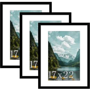 Picrit 17x22 Picture Frame 3 Pack, Black Poster Frame, Display Poster 12 x 18 with Mat or 17 x 22 without Mat for Horizontal or Vertical Wall Mounting
