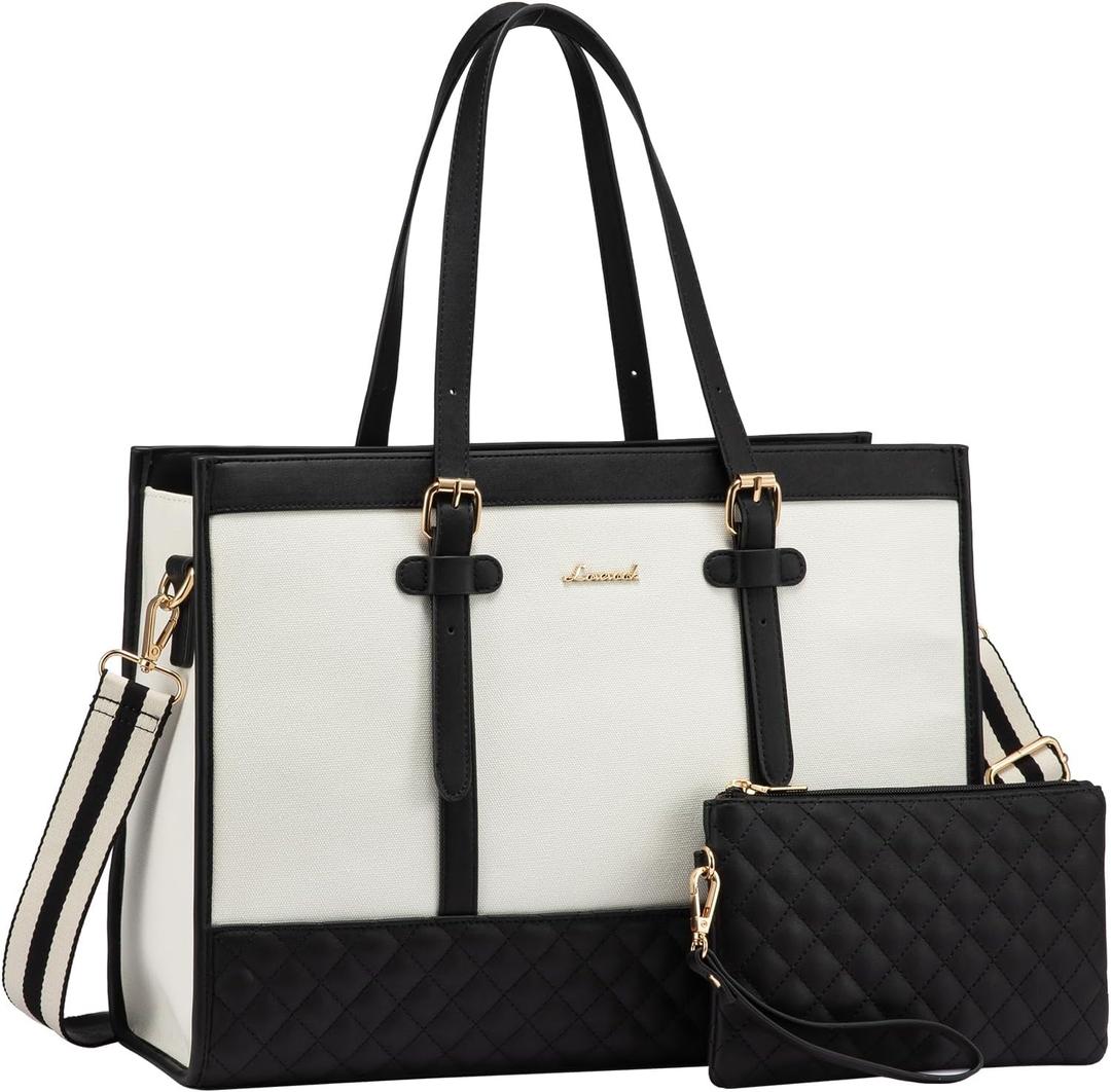 LOVEVOOK Laptop Bag for Women 15.6 inch Canvas Laptop Tote Bag, Large Capacity Work Bag with Clutch Purse, Computer Bag Office Business Briefcase, Casual Handbag for Travel College Teacher School (A-black & White)