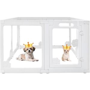 WICHEMI 8 Panel Indoor Dog Playpen, Acrylic Clear Puppy Playpen, 23.6" H Cat Play Pen with Double Door Lock, Paw Print Design Pet Playpen with Suction Cup, White