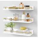 Gold Floating Shelves for Wall Decor Set of 3, Bathroom Shelves Over Toilet, Modern Display Wall Shelf with Guard Rail for Living Room Bedroom Organizers and Storage - White and Gold