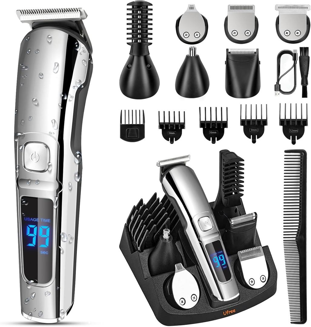 Ufree Beard Trimmer for Men, Waterproof Electric Razor for Nose, Body, Face & Mustache, Cordless Hair Clippers Shavers Grooming Kit, Gifts for Men Husband Father (Silver)