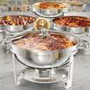 Round Chafing Dishes for Buffet with Glass Lid (5QT, 4 Pack), Chafers and Buffet Warmers Set with Mirror-Polished Stainless Steel, Rolled Rim, Stackable, Lid Holder for Parties, Catering, Silver 