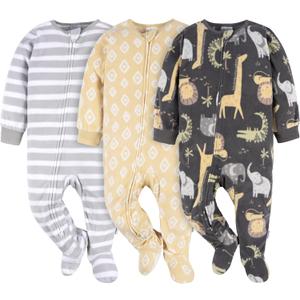 Gerber unisex-baby Fleece Footed Pajamas 3-pack (0-3 Months, Safari)
