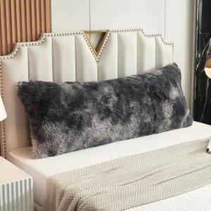 WERDIM Shaggy Fluffy Faux Fur Body Pillow Cover 21"x54" Button Closure Velvet Pillow Shams Throw Body Pillowcase Long Decorative Bed Pillow Case(Tie Dye Dark Grey, 21 X 54 Inches)