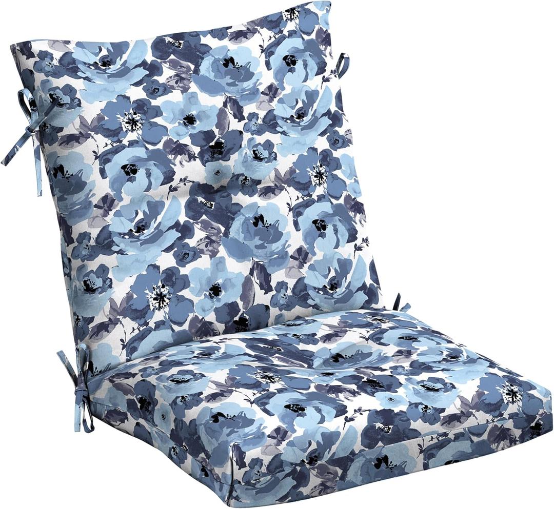 Arden Selections Outdoor Plush Modern Tufted Blowfill Dining Chair Cushion, 21 x 40, Water Repellent, Fade Resistant, Tufted Cushion for Dining and Bistro Chairs, Blue Garden Floral, Pack of 2