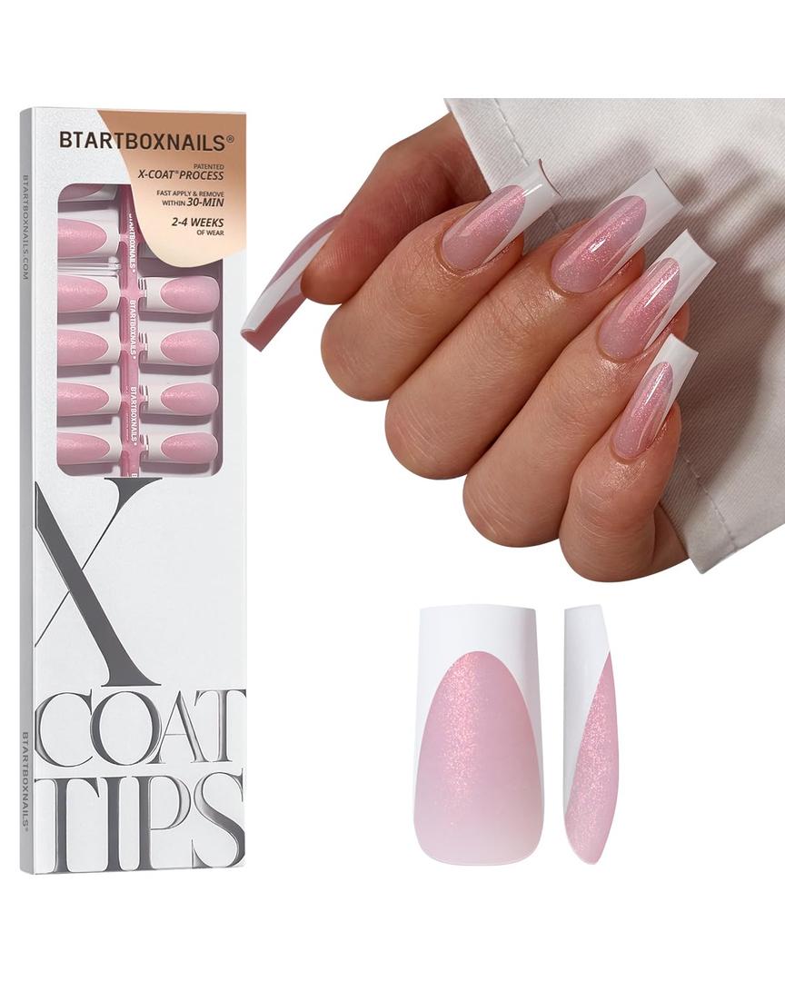 BTArtboxnails XCOATTIPS French Tip Press On Nails - Pink Glitter Base Long Square Press On Nails, 90 Pcs Salon Quality Soak Off Soft Gel Nail Tips Extension in 15 Sizes