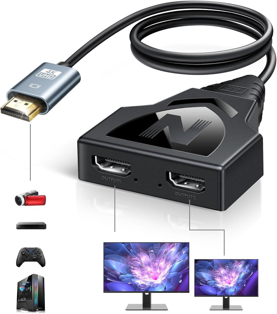 HDMI Splitter 1 in 2 Out with HDMI 2.0 Cable(Can't Extend Display)-Mirror Only, 4K HDMI Splitter 1 Male to 2 Female Adapter, (Need Power Adapter 5V 1A), Supports 1080P 3D for HDTV, PS3, Monitor (Cyan)