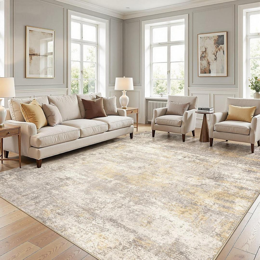 Cotiled 9x12 Area Rugs Living Room: Washable Abstract Rug Gold Grey Brown