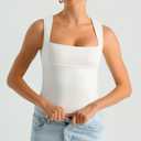 HOYAYO Double Lined Tops for Women Y2K Tank Top Sleeveless Square Neck Casual Slim Fit Basic Fitted T-Shirts White XL