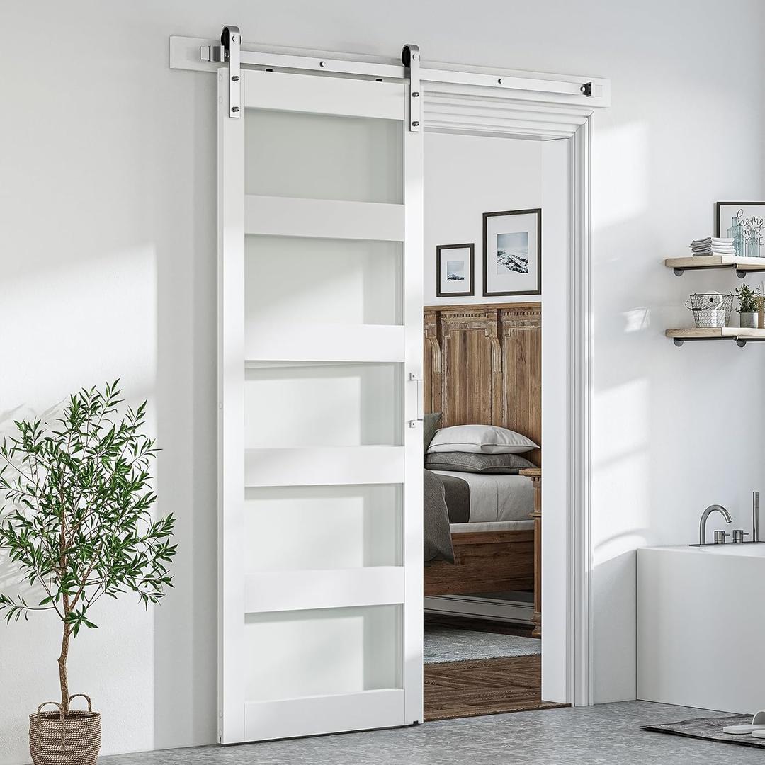 Smart Standard 36 x 96 inch Glass Barn Door with 6.6FT Brushed Nickel Sliding Hardware Kit & Handle, Pre-Drilled Ready to Assemble, Waterproof PVC Coating, White, 5-Panel Glass