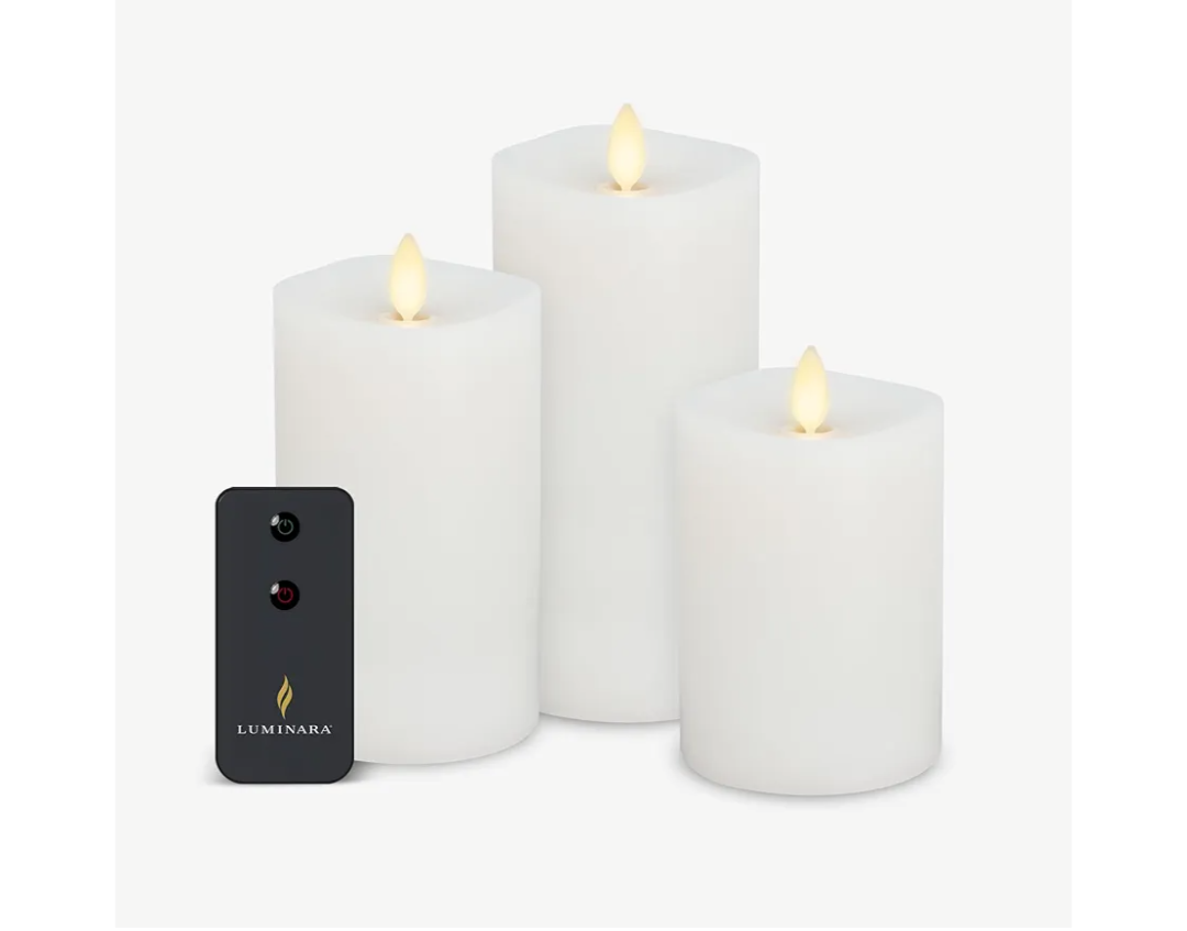 Luminara Realistic Flameless LED Candle White Set of 3, Battery Operated with Remote Control, Moving Flame Pillar Timer Function Melted Top Safe