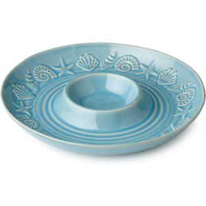 Certified International Coastline Blue Stoneware CHIP N DIP SERVER 13.5 Inches, embossed coastal shell and starfish server with glossy sea-blue glaze, Large