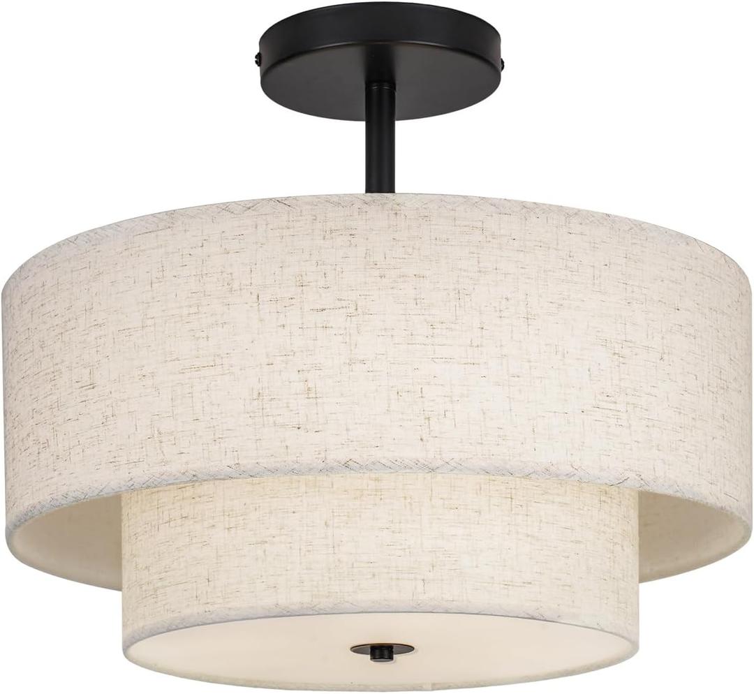 HILUXIA 18 Inch Large Semi Flush Mount Ceiling Light Fixture with Dual Drum Design, Farmhouse Fabric Linen Shade for Bedroom, Living Room, Kitchen, and Dining - Modern Chandelier Lamp