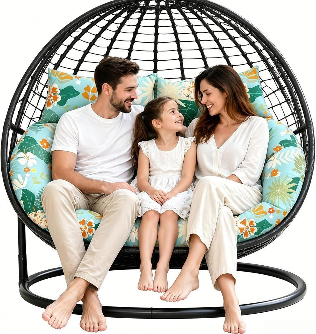 55 x 35 Inch Double Egg Chair Cushion Replacement, Thickened Waterproof Hanging Swing Chair Cushion with Pillows for Outdoor Patio, Cyan Floral Leaf