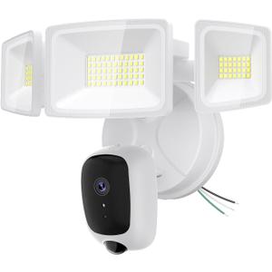 6500LM Floodlight Camera Hardwired, 2K HD Security Camera Outdoor with Motion-Activated, Color Night Vision, 24/7 Recording, 2-Way Audio, 2.4G WiFi, Built-in Siren, Works with Alexa & Google (White)