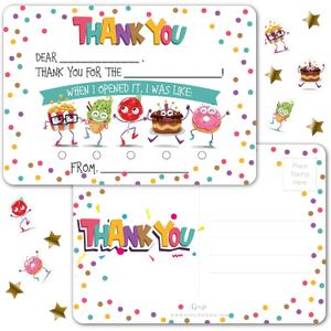 Gooji Kid’s Thank You Cards, 25 Pc. Postcards Set, Double-Sided Custom Cardstock with Fill in the Blank Messages for Birthday Party, Event, or Holiday Use, Stickers Included (Party Treats)