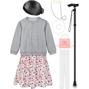 Gnodio Old Lady Costume for Kids 100 Days of School Costume for Girls 100th Day of School Granny Old Lady Dress Up Accessory, 5-7Y