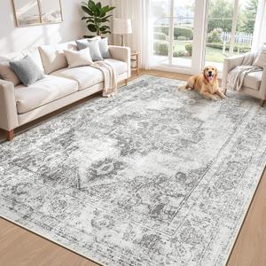 Area Rug 6x9 Vintage Rugs: Washable Indoor Medallion Rug Low Pile Distressed Floor Carpet Retro Accent Rugs for Living Room Bedroom Kitchen Dining Table Home Office(Grey, 6'x9')