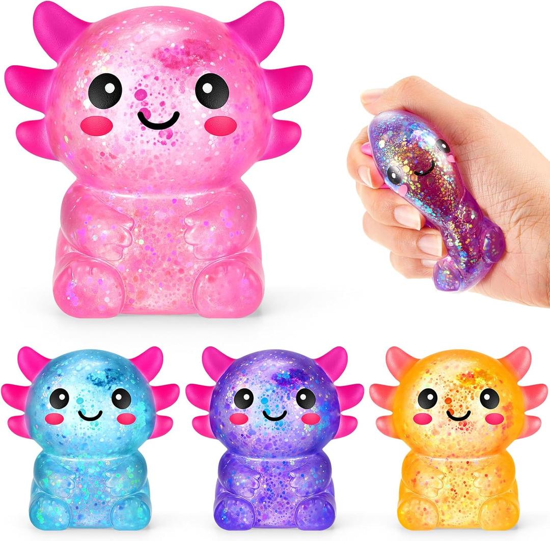 Simgoing 4 Pcs Axolotl Stress Toy Squeeze Axolotl Party Favors 2.56 x 2.64 Inches Malt Sugar Filled Stretchy Fidget Stress Ball Sensory Toys for Adults Soothing Graduation Birthday Party Gift