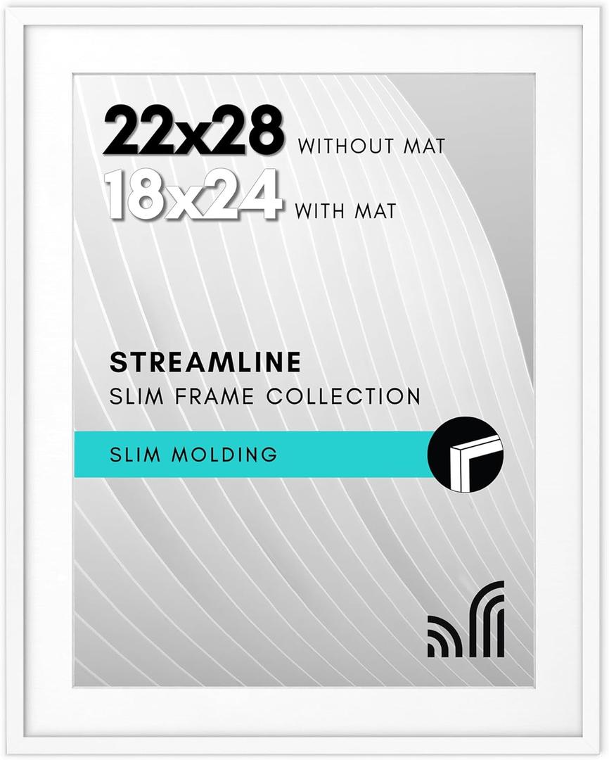 Americanflat 22x28 Poster Frame with Polished Plexiglass - Use as 18x24 Frame with Mat or Display 22x28 Photo Without Mat - Streamline Collection - Thin Border Picture Frames for Wall - White