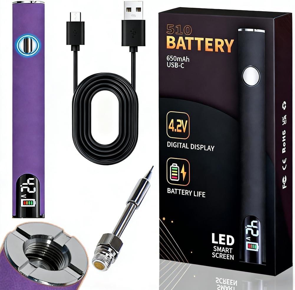 510 Thread Battery Professional Cordless Soldering Iron with LED Display Precise Temp Control USB-CRechargeable 650mAh Electric Purple Soldering Pen, Precision work/Appliance Repair, 3Speed Adjustment