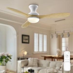 52" Wood Flush Mount Ceiling Fans with Lights and Remote, Natural Wood Fandelier, Low Profile/6-speed/3 CCT/Timer/Quiet/Reversible DC Motor, for Bedroom Living Room Kitchen Patio