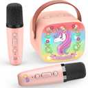 Unicorn Karaoke Microphone Machine Toys: Colorful LED Portable Bluetooth Speaker with 2 Wireless Mics Toys for 4 5 6 7 8 9 Years Old Girls Kids Christmas Birthday Gifts Stocking Stuffers for Grandkids (Pink)