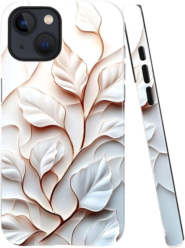 Case Compatible with iPhone 14,Glossy Hybrid 2-Layer Hard Shell,Shockproof Soft for Girl Women,White Leaf Bloom