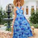 GRACE KARIN Women's Summer Floral Dresses 2026 Boho Maxi Dress Flowy Halter Sundress Casual Vacation Beach Clothes with Pocket (Blue, L)