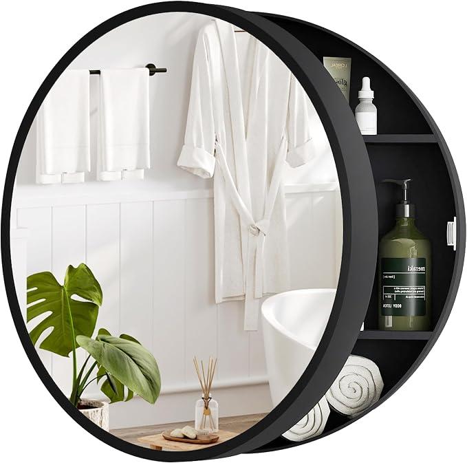 GRAINLLE 20'' Round Medicine Cabinet with Mirror, Bathroom Medicine Cabinet with Mirror with Storage Shelf, Circular Wall Mount Mirrored Cabinet (Black)
