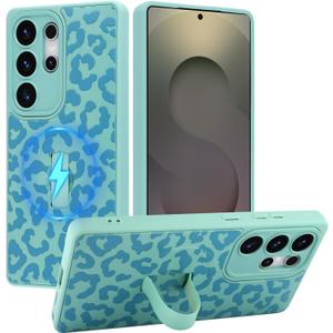 MOWIME Magnetic for Samsung Galaxy S25 Ultra Case with Finger Strap, Compatible with Magsafe, Cheetah Print Pattern Women Girls, Slim Shockproof Soft TPU Case for Galaxy S25 Ultra 6.9 Inch, Green