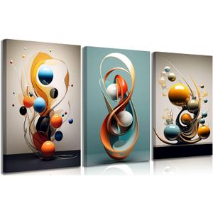 3pcs Modern Abstract Canvas Wall art Three-Dimensional Geometric Spheres Wall Decor Pictures Minimalist Medieval Posters Prints for Living Room Bedroom Office Home decorate Prepare to hang