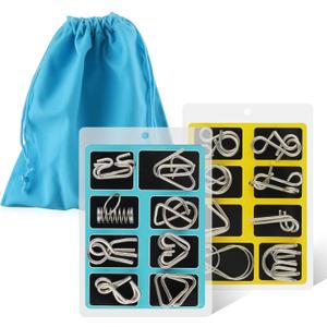 Coogam Metal Wire Puzzle Set of 16 with Pouch,Brain Teaser IQ Test Disentanglemen Iron Link Unlock Interlock Game Chinese Ring Magic Trick Toy for Party Favor Kids Adults Challenge
