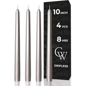 CANDWAX 10 inch Silver Taper Candles Set of 3 - Christmas Candles Taper Dripless - Tall Long Burning Fragrance-Free Silver Candlesticks