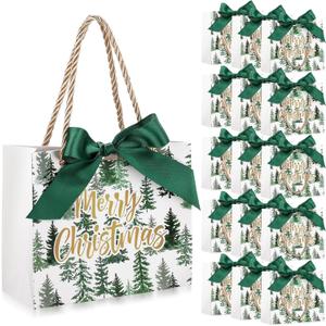 Moinchore 40 Pack Small Christmas Paper Bags with Handles Christmas Goodie Gift Bags with Bow Ribbon 5.5 x 2.4 x 4.7 Inches Xmas Candy Goodies Mini Sack(Watercolor,Xmas Tree)