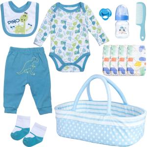 Reborn Baby Doll Clothes 12 Pcs Dinosaur Outfits Accessories for 17-22 Inch Babydolls Reborn Baby Boy Accessories Doll Bassinet Soft Crib Bed with Diaper Bottle Pacifier