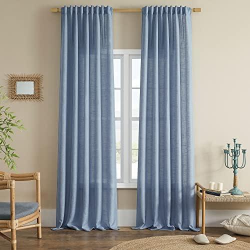 Timeper Light Blue Curtains Thick Linen Texture Semi Sheer Curtains, Back Tab Rod Pocket Long Curtains Light Filtering Privacy Protect for Living Room, Boys Bedroom, Stone Blue, W52 x L84, 2 Panels
