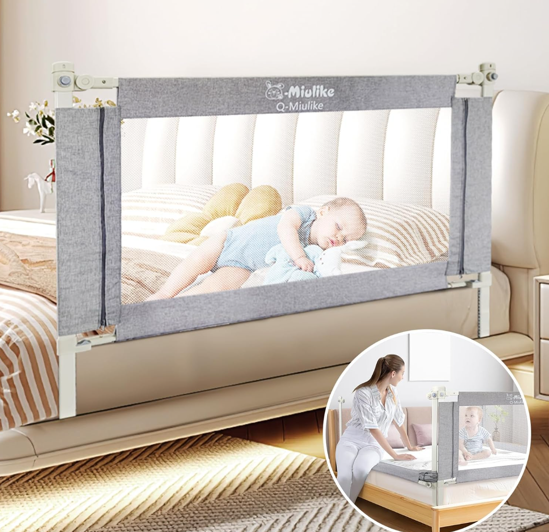 Q-MIULIKE Baby Bed Rails for Toddlers Crib Guard Rail Safety Rail Guards with Double Child Lock, 28 Height Adjustable Toddler Bed Rails (Gray, 58", 1 Piece) for King Queen Twin Full Size Bed