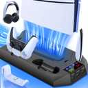 PS5/Slim/Pro Cooling Station for Playstation 5 Console Disc/Digital Edition - PS5 Slim Pro Cooling Stand with Controller Charging Station Accessories-Cooler Fan/Headset Holder/3 USB Hub, Black