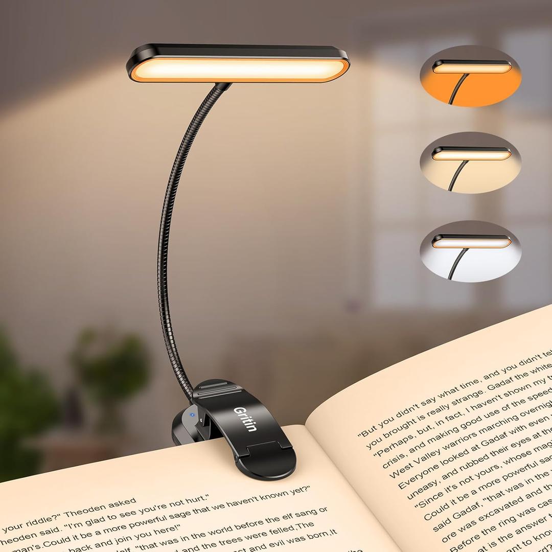 Gritin Rechargeable Book Light for Reading in Bed with 19 LED &Memory Function-Eye Caring 3 Color Temperatures,5 Brightness Levels,90 Hrs Runtime Flexible Goose Neck Clip on Light for Book Lovers (Black)