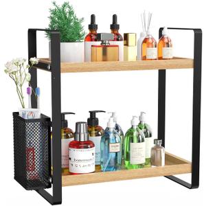 LEMIKKLE 2-Tier Wood Bathroom Counter Organizer with Basket,Waterproof Vanity Perfume Skincare Storage for Bathroom, Kitchen, Dresser