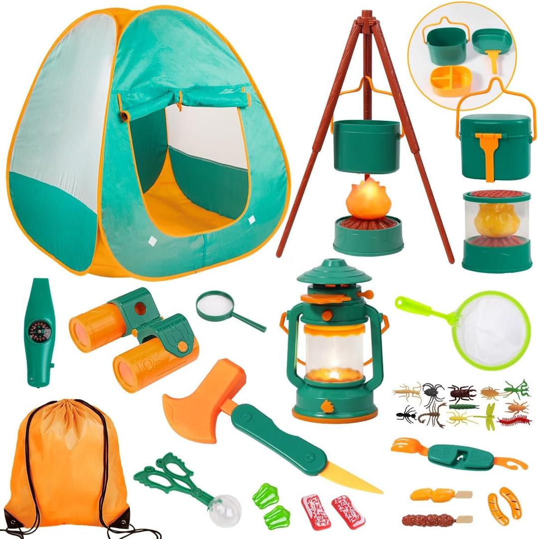 Meland Kids Camping Set with Tent - Toddler Toys for Boys with Campfire, Camping Toys for Kids Indoor Outdoor Pretend Play, Gift Idea for Boys Age 3,4,5,6 Year Old Birthday Christmas (Green), Child-size