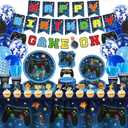229 Pcs Video Game Decorations Game Birthday Party Supplies Video Game Decorations Tableware Set Include Plates Banner and Tablecloth for Game on Birthday Decorations Kids Serves 20 Guests